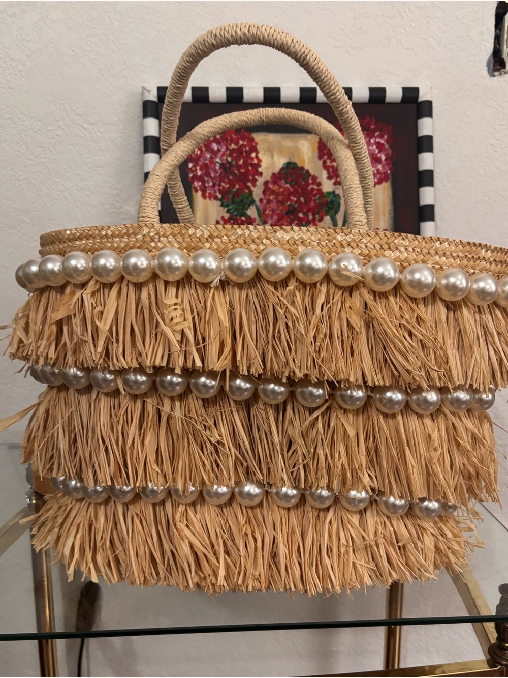 Fringe Pearl Straw Tote Bag - Natural